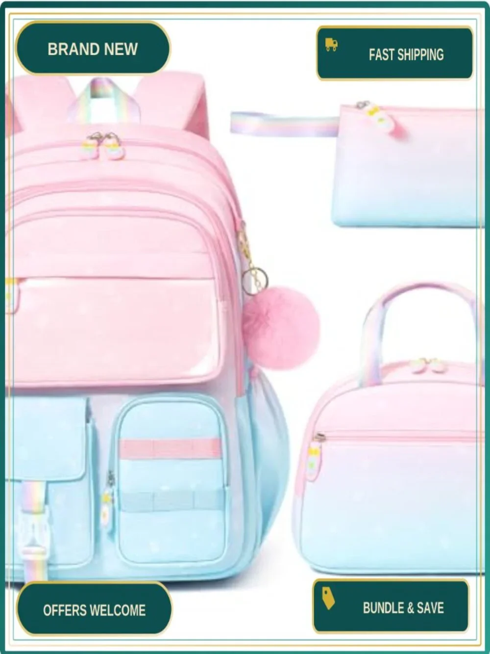 Girls Waterproof Backpack Set with Lunch Box & Pencil Case, 3 Pieces, Padded